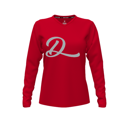 [FTLVPTRD-FYXS-LOGO2] Decker Performance T-Shirt (Female Youth XS, Red, V Neck, Logo 2, Long Sleeve)